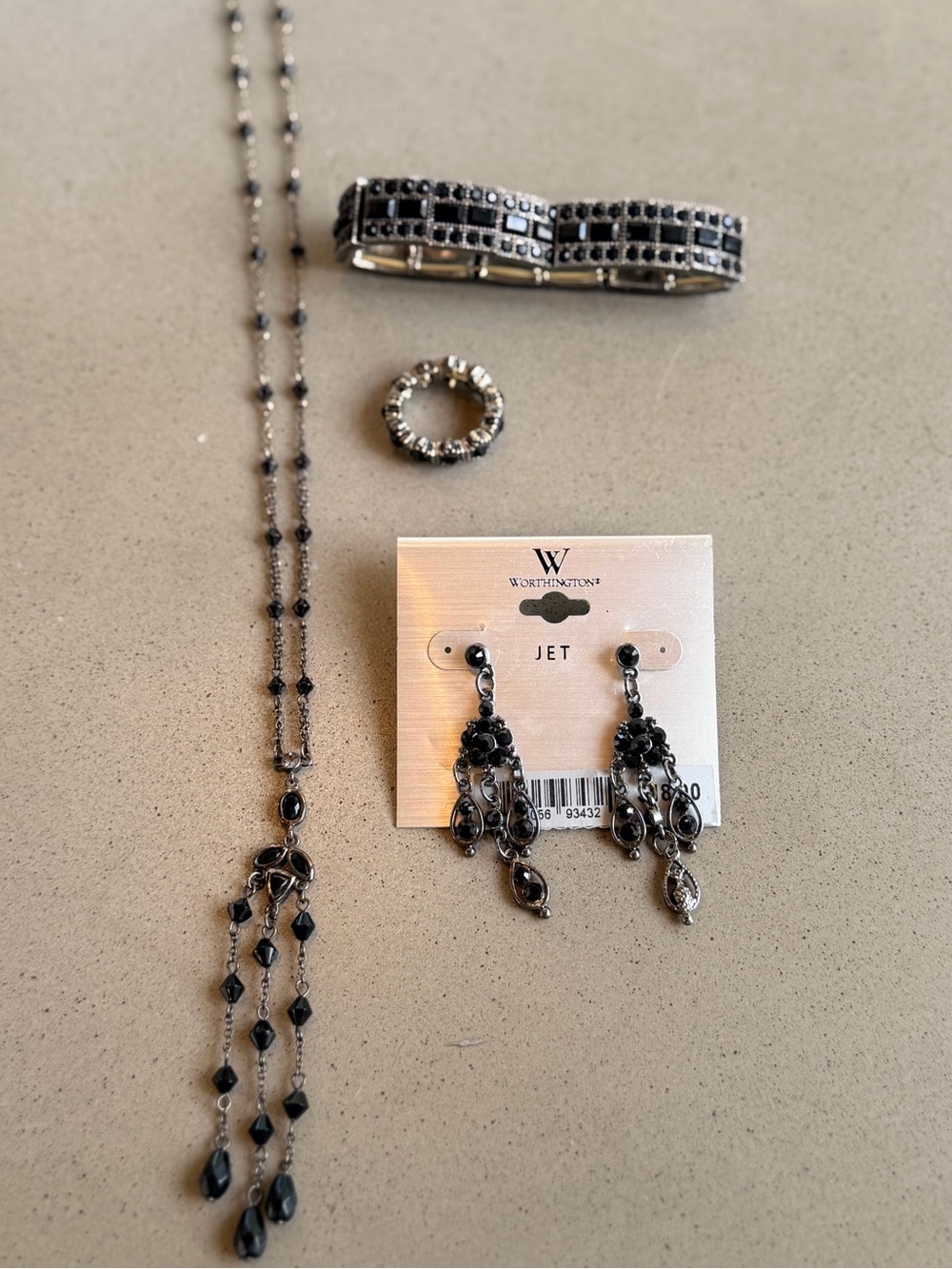 Set of Jet Black Crystal Necklace, bracelet, ring and Chandelier Earrings Set